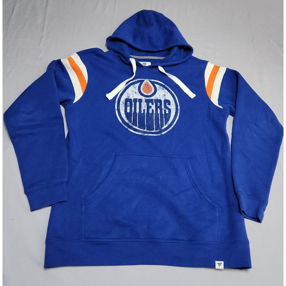Fanatics Edmonton Oilers NHL Hoodie Blue Orange White Distressed Logo Mens Large